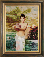 Картина вышитая шелком Панно Девушка у моря ручной работы