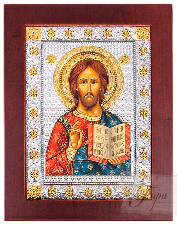 Икона Христос Спаситель (Деревянная основа, Золотой декор, Серебро)
