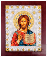 Икона Христос Спаситель (Деревянная основа, Золотой декор, Серебро, Стразы)