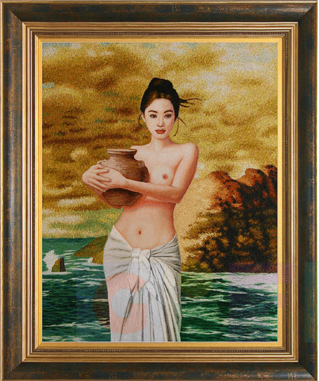 Картина вышитая шелком Панно Девушка у моря ручной работы