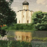 Шёлковая картина "Белокаменный Храм Покрова на Нерли" вертикальный