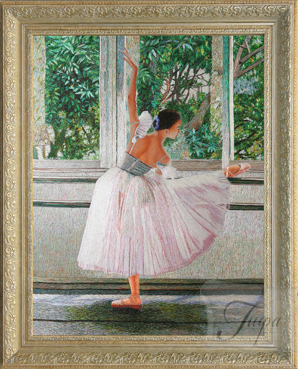 Шёлковая картина "Балерина  у окна в весенний сад"