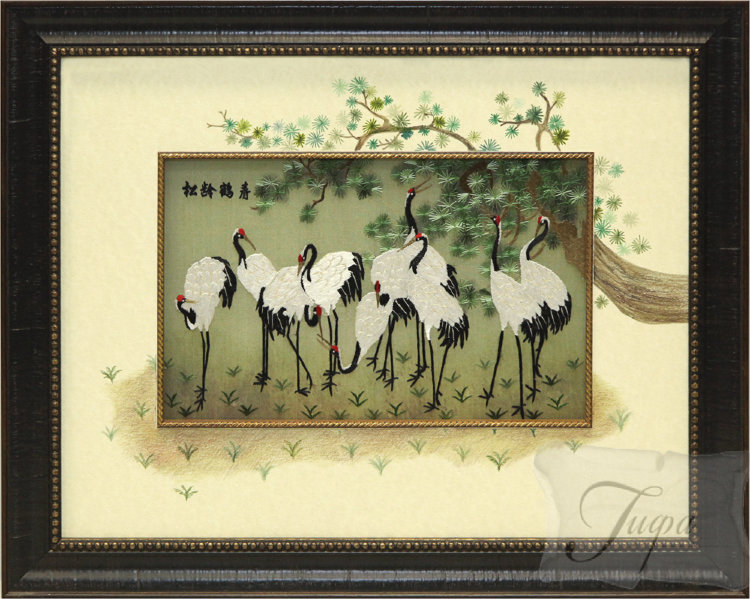 Шёлковая картина "10 журавлей под сосной с подрисовкой"